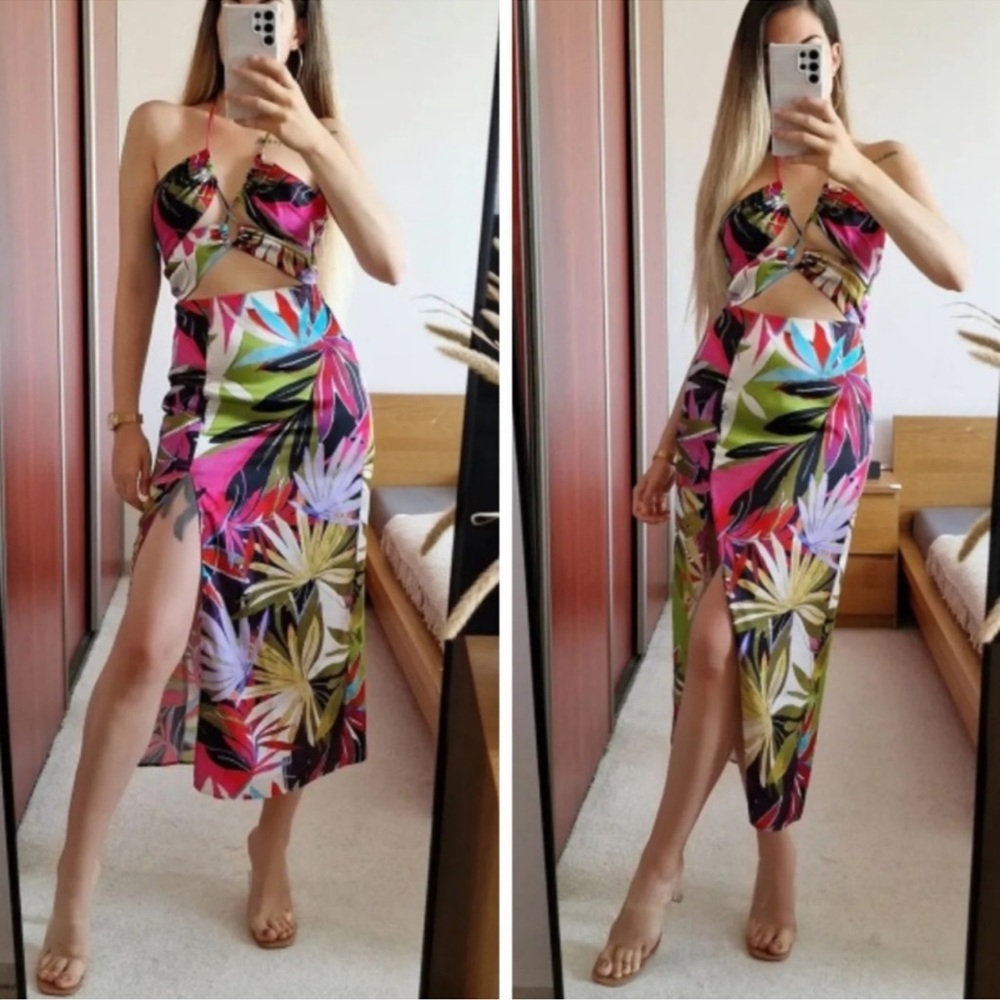 ZARA CUT-OUT TROPICAL PRINT DRESS FLORAL LEAF PALM PRINT MIDI L LARGE